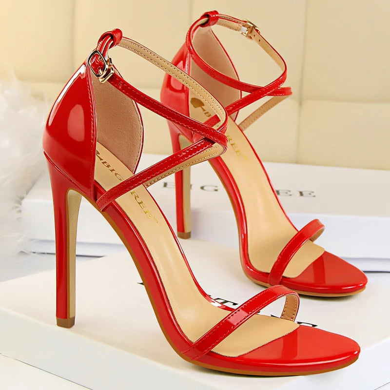BIGTREE Shoes Pumps Open Toe High Heels Patent Leather Women Heels Stiletto 11 Cm 7.5cm Summer Heels Sandals Women Party Shoes