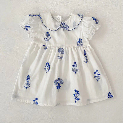 Summer New Style 2-6Y Girl Dress Short Sleeve Baby Clothes Children's Dress Korean Embroidered Girls Retro Sister Dress