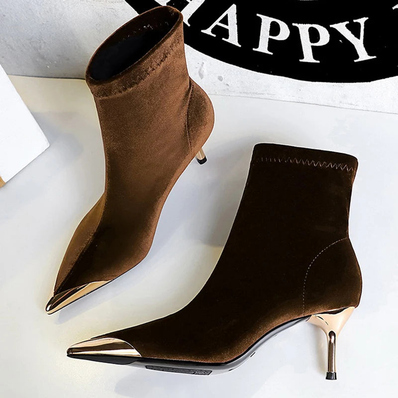BIGTREE Shoes Metal Pointed Tip Women Boots Stilettos Heels 5 CM 8 CM Fashionable High-Heeled Boots Suede Ladies Ankle Boots