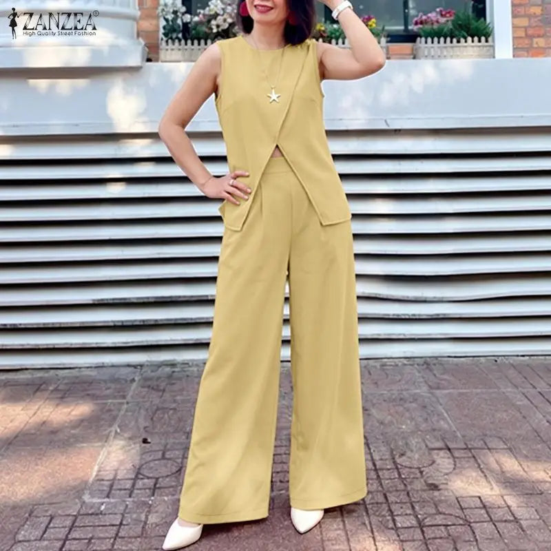 ZANZEA Summer Women Pant Sets Solid Color  Sleeveless Tops Wide Leg Pants Fashion 2PCS Two-piece Outfits OL Party Streetwear
