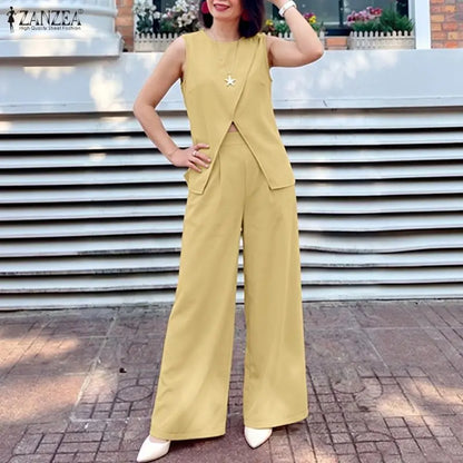 ZANZEA Summer Women Pant Sets Solid Color  Sleeveless Tops Wide Leg Pants Fashion 2PCS Two-piece Outfits OL Party Streetwear