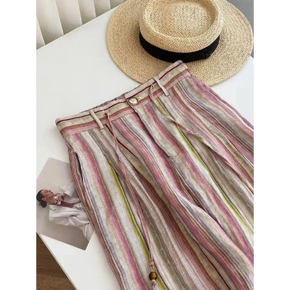 Women's Pink Striped Linen Wide Leg Pants High Waist Loose Fit Casual Summer Trousers with Drawstring