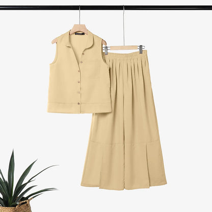 2026 ZANZEA Summer Wide Leg Pant Sets Stylish Lapel Neck Sleeveless Shirt Trousers Suit Women Solid OL Work Outfits 2 Piece Sets