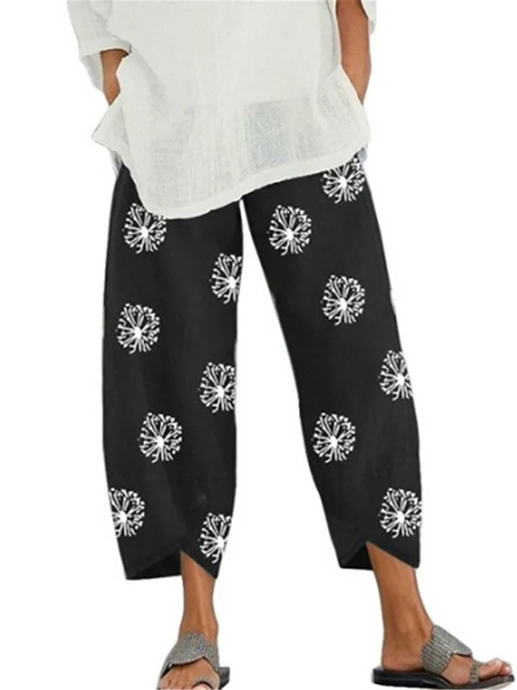 Vintage Cotton and Linen Loose Harem Pants Casual High Waist Wide Leg Trousers Women Harajuku Printed Baggy Pants Oversized
