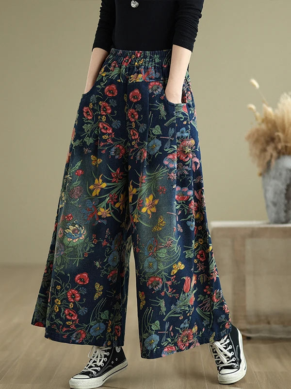 plus Size Denim Wide Leg Pants New Print Elastic Loose Slimming Casual Versatile Straight Cut Denim Pants Commute Sle Cotto...