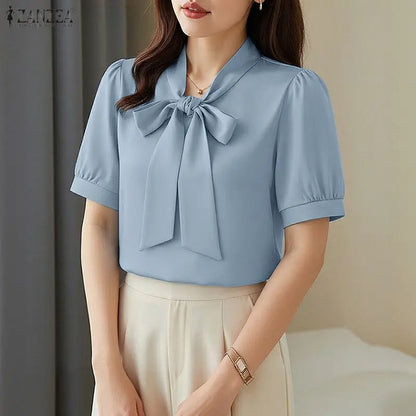 ZANZEA Woman Elegant Minimalist Blouses Bow Tie Neck Half Puff Sleeve Solid Color Tops 2026 Summer Casual Day Blusas de Mujer