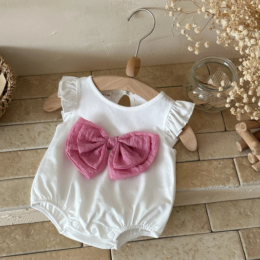 Cute Pink Bow Baby Girl Pure White Romper Sleeveless Jumpsuit Infant Clothing Cotton Soft Fabric Baby Clothes