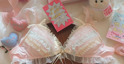 Lolita Princess Pure Desire Bra Set Women Japanese Cake Layer Lace Mesh Cotton Crotch New Party Lingerie Push Up Comfort Soft