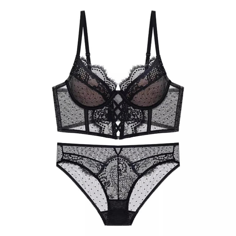 French Lace Push Up Lingerie Set Damen Thin Underwire Bra Sheer Mesh Ruched Chemise Soft Petite Small Bust Ladies S-XL