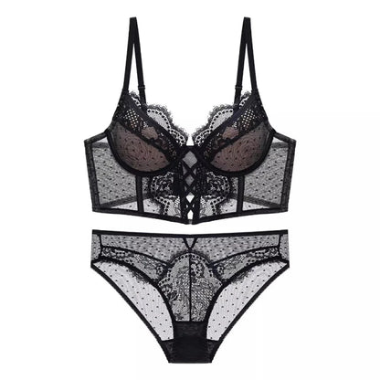French Lace Push Up Lingerie Set Damen Thin Underwire Bra Sheer Mesh Ruched Chemise Soft Petite Small Bust Ladies S-XL