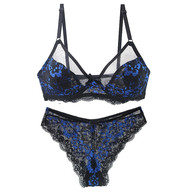 Ultra-Thin Thick Bra Sets 34/75 36/80 38/85 40/90 42/95 44/100 46/105 BCDE Cup Underwear Transparent Embroidery Lace Lingerie