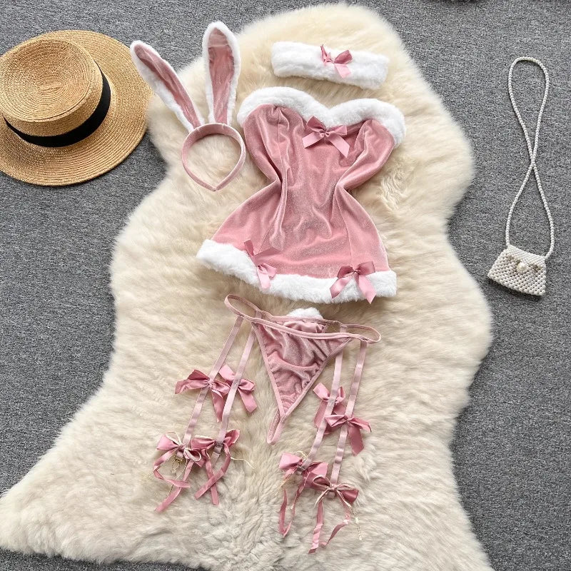 Sweet Red Bunny Lingerie Underwear Set Women Sexy Soft Plush Cute Bowknot Sweet Nightgowns Christmas Rabbit Cosplay Costumes New