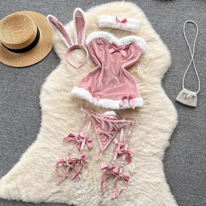 Sweet Red Bunny Lingerie Underwear Set Women Sexy Soft Plush Cute Bowknot Sweet Nightgowns Christmas Rabbit Cosplay Costumes New