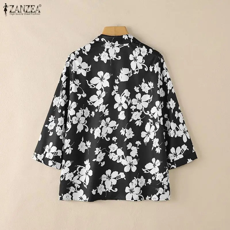 ZANZEA Women's Floral Print Blouses Turn-Down Collar 3/4 Sleeve Loose Pullover Tops Spring Summer Daily Casual Blusas de Mujer