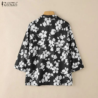 ZANZEA Women's Floral Print Blouses Turn-Down Collar 3/4 Sleeve Loose Pullover Tops Spring Summer Daily Casual Blusas de Mujer