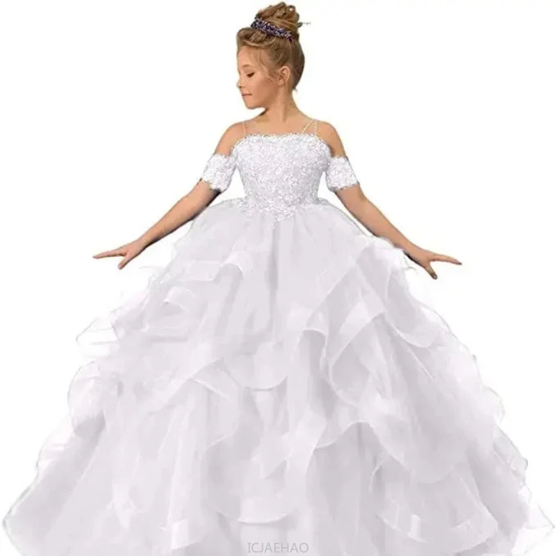 Dress for girls Party Flower Kids Ball Gown Tulle Off Shoulder Children Birthday Wedding Dresses First Communion Gown Clothing