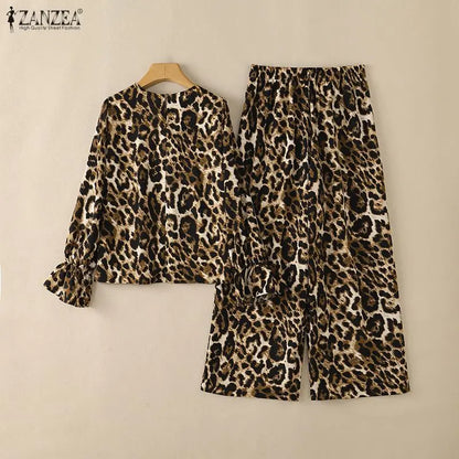 ZANZEA Women Muslim Sets Autumn Leopard Print Two Piece Outfit Ruffle Long Lantern Sleeve Blouse Elastic Waist Wide Leg Pants