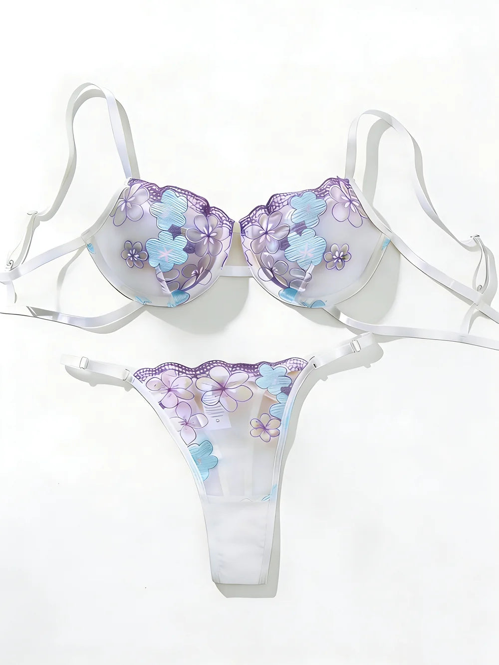 Women's Floral Embroidered Lingerie Set - Two-Piece Embroidered Bra Set - White Underwear Set