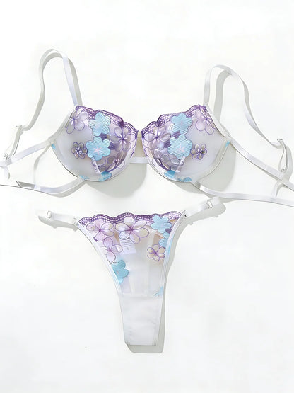 Women's Floral Embroidered Lingerie Set - Two-Piece Embroidered Bra Set - White Underwear Set