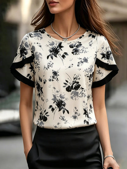 Women Floral Blouse Round Neck Ruffle Sleeve Printed Top T-Shirt Loose Fit Casual Elegant Ladies Shirt Spring Summer Daily Top