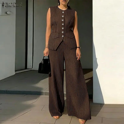 2026 ZANZEA Summer Striped Pant Sets Office Women Outfit Elegant Sleeveless Vest Tops Trousers 2 Piece Sets Stylish OL Work Suit