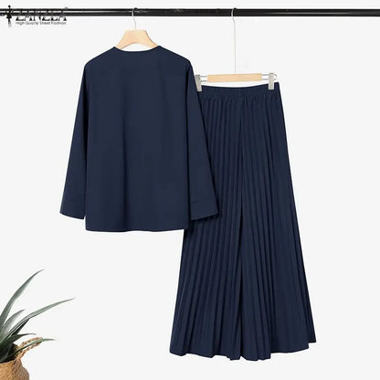 ZANZEA Women Muslim 2 Pieces Sets Casual O Neck Long Sleeve Buttons Up Blouse Wide Leg Pleated Pants Sets Ramadan Hijab Outfits