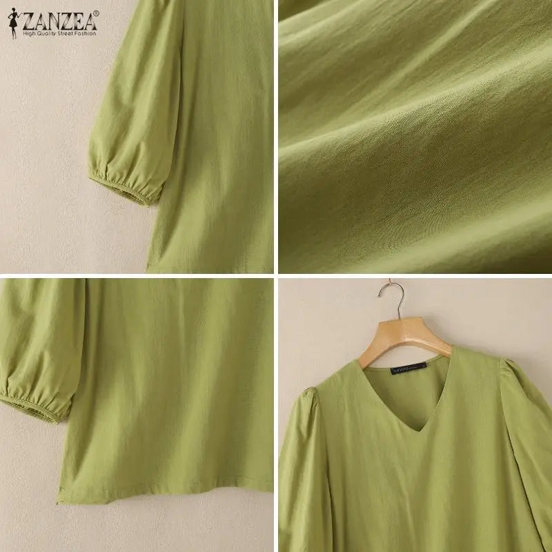 ZANZEA Women's Cotton Linen Breathable Blouses Casual V-Neck 3/4 Lantern Sleeves Solid Color Tops Everyday Wear Blusas de Mujer