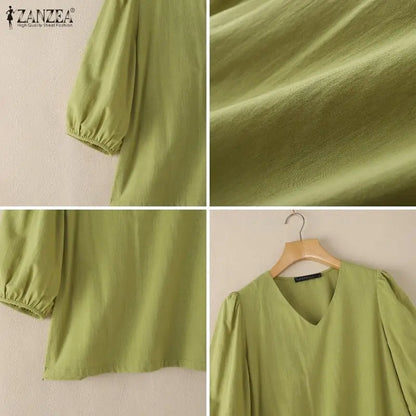 ZANZEA Women's Cotton Linen Breathable Blouses Casual V-Neck 3/4 Lantern Sleeves Solid Color Tops Everyday Wear Blusas de Mujer