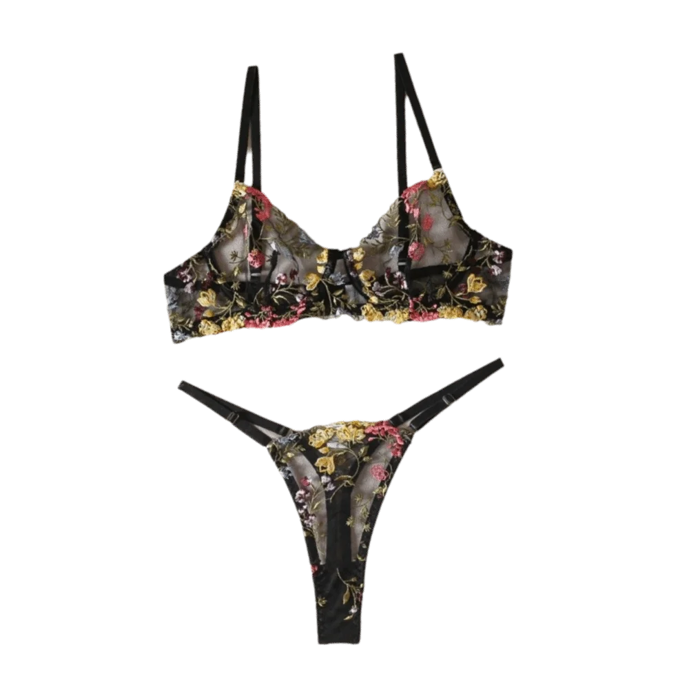 Bohemia Transparent Lingerie Set Push Up Elegant Embroidery Floral Underwear Ultra-thin Bra Suit Girl