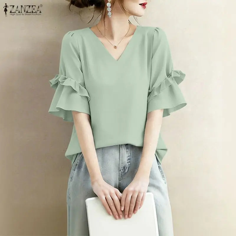 ZANZEA Women Elegant Blouses V-Neck Half Flare Sleeve Ruffles Trim Pullover Tops Summer Daily Casual Solid Color Blusas de Mujer