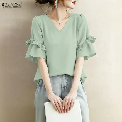 ZANZEA Women Elegant Blouses V-Neck Half Flare Sleeve Ruffles Trim Pullover Tops Summer Daily Casual Solid Color Blusas de Mujer