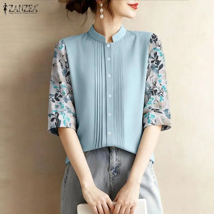 ZANZEA Elegant Floral Printed 3/4 Sleeve Shirts Women Fashion Stand Collar Button Up Pintuck Patchwork Blouses Spring Woman Tops