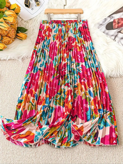 Spring Summer Women's Elegant Floral Print Long Skirts Casual High Waist Party Slim A-line Pleated Skirt