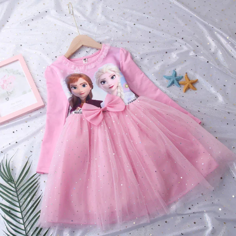 2026 New Snow Queen Dress for Girls Long Sleeve Cotton Lining Puffy Tulle Tutu Princess Gown Kids Birthday Party Clothes Blue