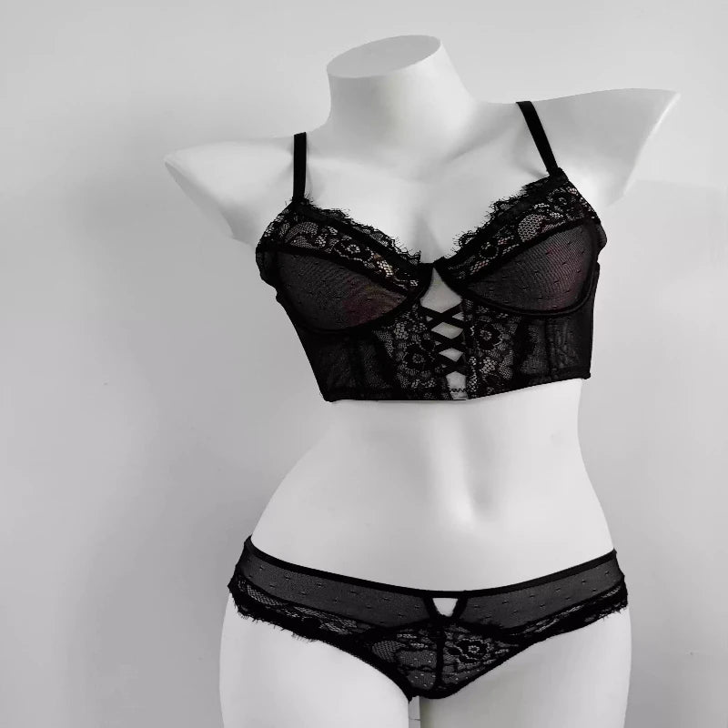 French Lace Push Up Lingerie Set Damen Thin Underwire Bra Sheer Mesh Ruched Chemise Soft Petite Small Bust Ladies S-XL