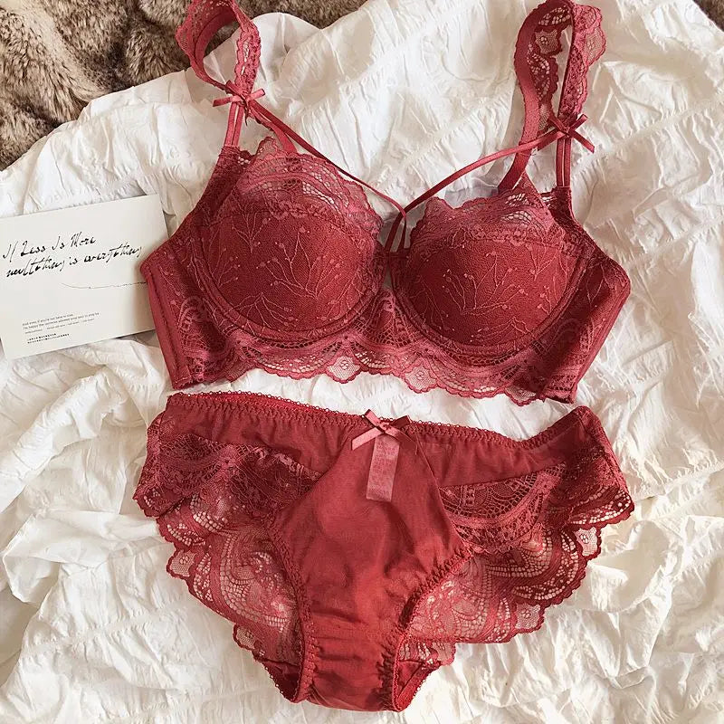 MOYISU Sexy French Lace Bralette Small Bust Cup Bra Set with Removable Straps & Push Up Pads, Soft Underwire Thin Girls Bra Top