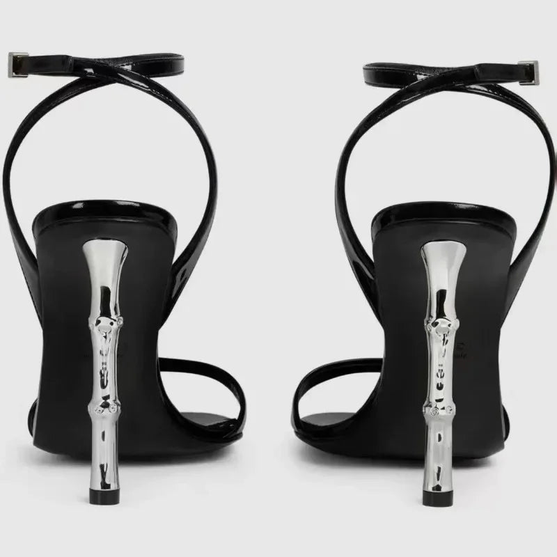 Black Round Toe Ankle Buckle High Heeled Sandals Women High Quality Patent Leather Brand Designer Shoes Elegant Party Dress Shoe