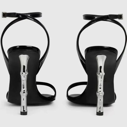Black Round Toe Ankle Buckle High Heeled Sandals Women High Quality Patent Leather Brand Designer Shoes Elegant Party Dress Shoe