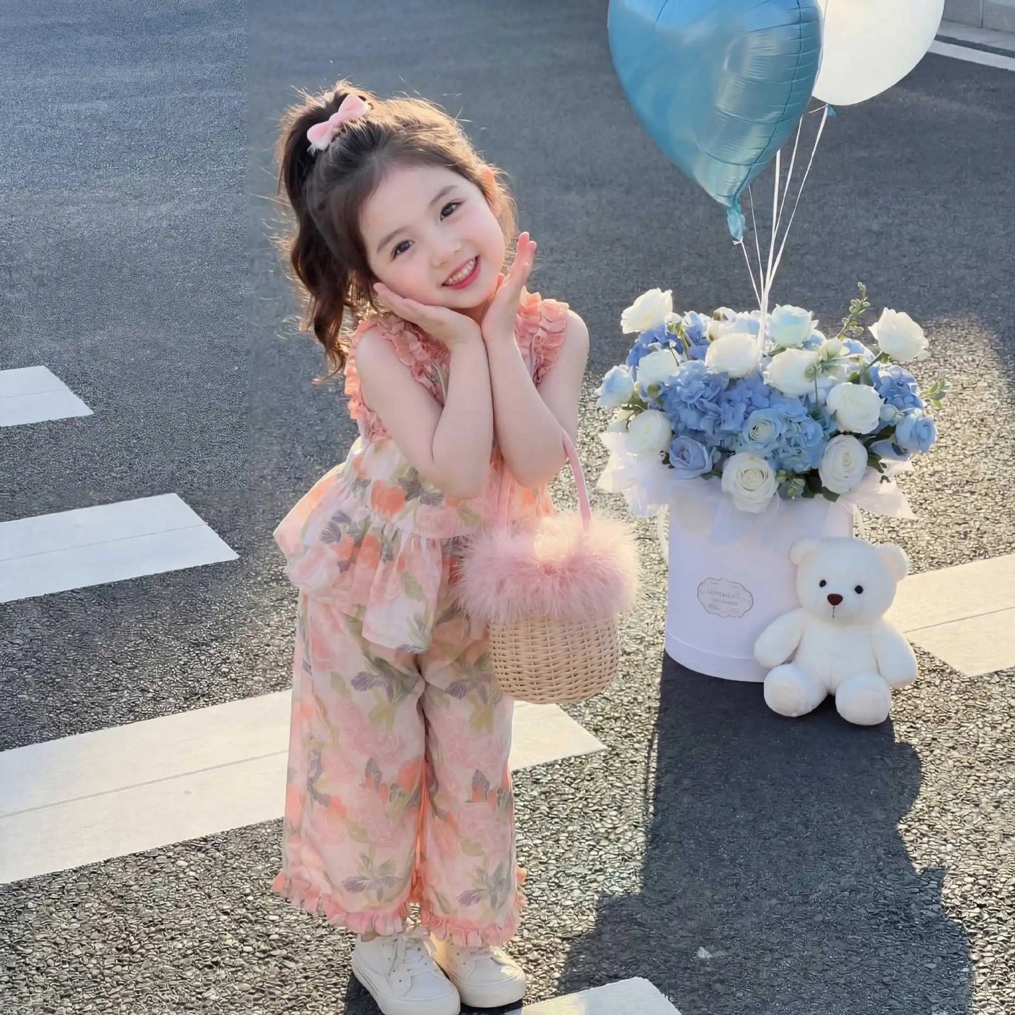 1Sets Girls Thin Flower Print Set Kids Summer Sleeveless Top And Long Pants Suit Baby Fashion Costume Cute Children Beach Sets