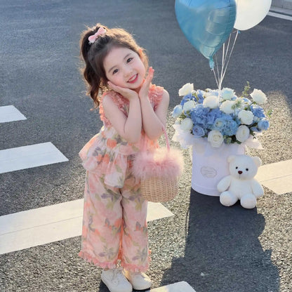 1Sets Girls Thin Flower Print Set Kids Summer Sleeveless Top And Long Pants Suit Baby Fashion Costume Cute Children Beach Sets