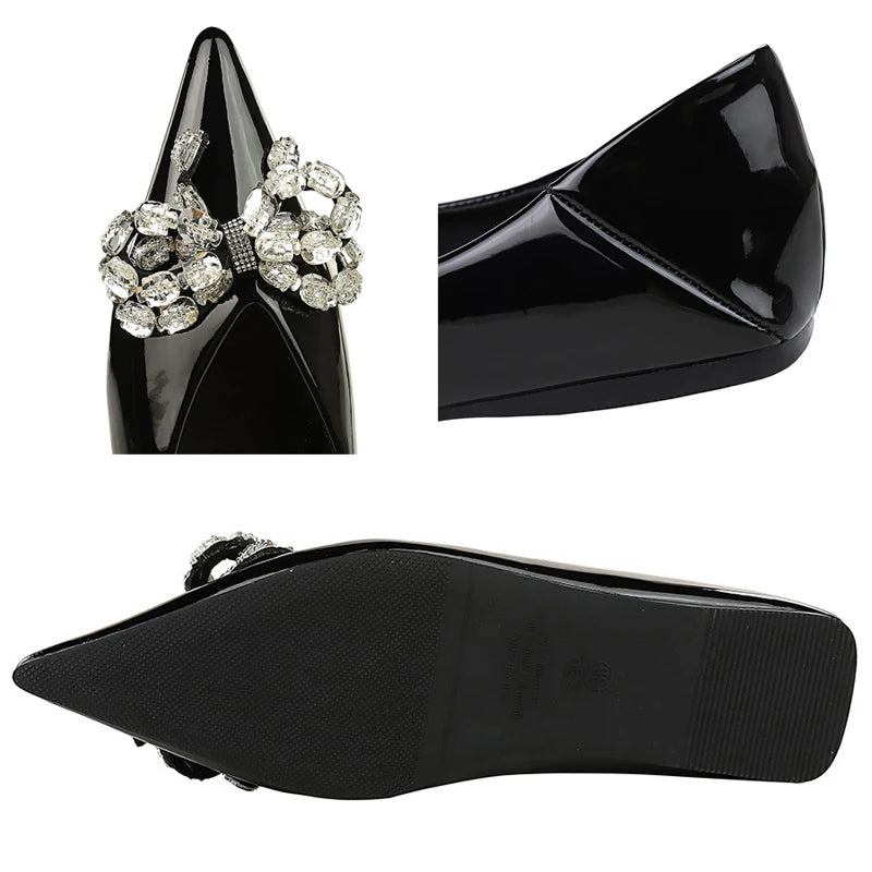 New Luxury Rhinestone Women's Flat Shoes Patent Leather Flat Heeled Women's Shoes Rhinestone Bowknot Pointed Tip Ladies Shoes