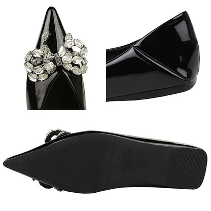 New Luxury Rhinestone Women's Flat Shoes Patent Leather Flat Heeled Women's Shoes Rhinestone Bowknot Pointed Tip Ladies Shoes