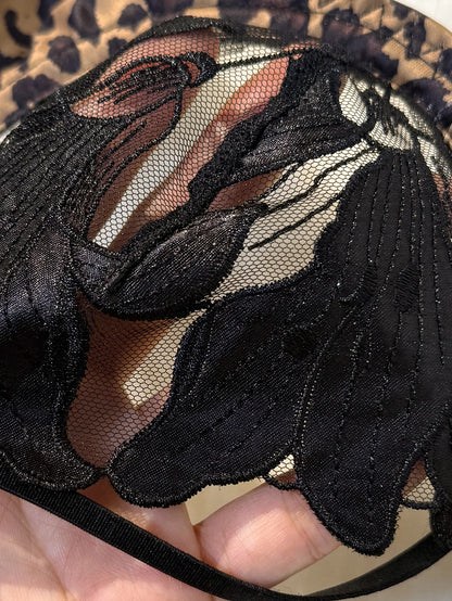 Ladies Animal Print Floral Embroidered Bra Thong Set Leopard Mesh Splice Lingerie Outfit Elegant Intimate Sleepwear ZA825183