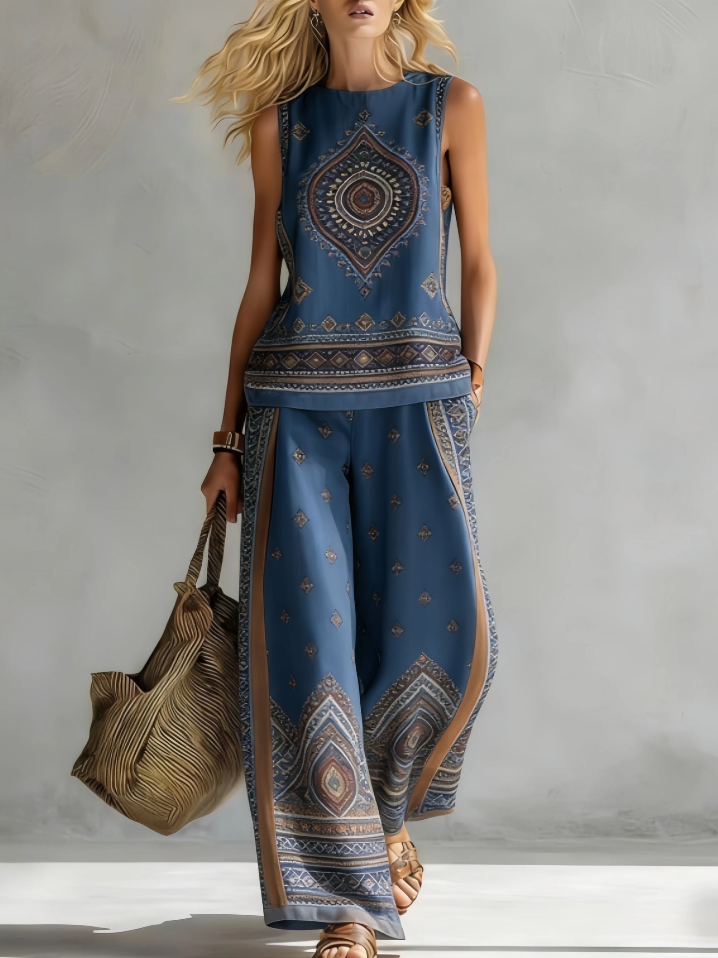 Fashion Retro Printed Sleeveless Tops Trousers 2-piece Set Women's Summer Casual Vest Loose Wide Leg Trousers Female Suit Pocket
