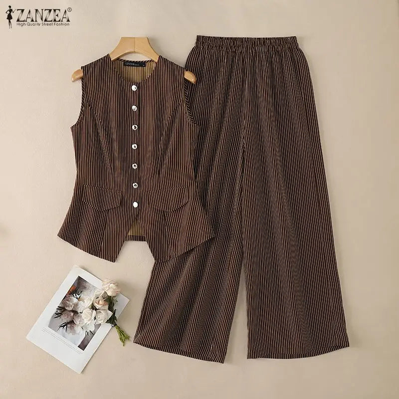 2026 ZANZEA Summer Striped Pant Sets Office Women Outfit Elegant Sleeveless Vest Tops Trousers 2 Piece Sets Stylish OL Work Suit