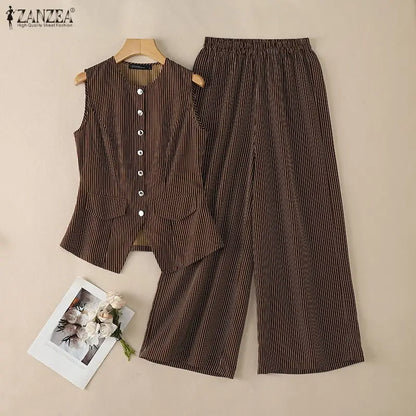 2026 ZANZEA Summer Striped Pant Sets Office Women Outfit Elegant Sleeveless Vest Tops Trousers 2 Piece Sets Stylish OL Work Suit