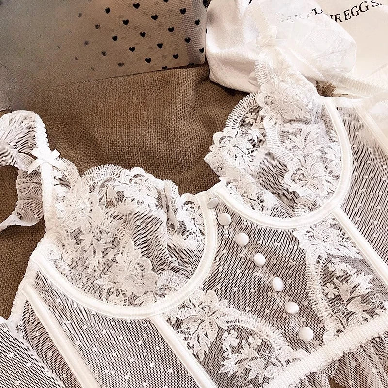 Hot Sale French Sexy Lingerie Set for Women Ultra Thin See Through Bra Panty Set Embroidery Lace Shaping Camisole Underwear Set