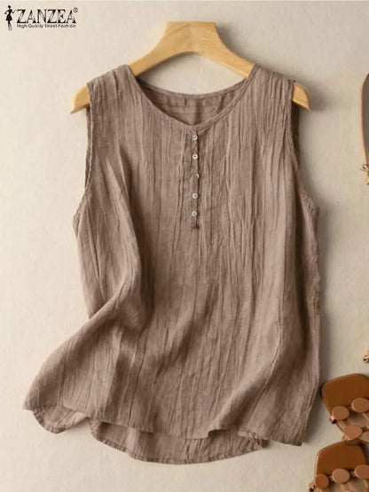ZANZEA Summer Tank Tops Woman Fashion Sleeveless Blouse O-Neck Solid Color Button Shirt Female Casual Holiday Blusas Mujer 2023
