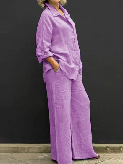 Spring and Summer Suit Women's Lapel Long-sleeved Loose Shirt High Waist Wide-leg Pants Casual Two-piece Set