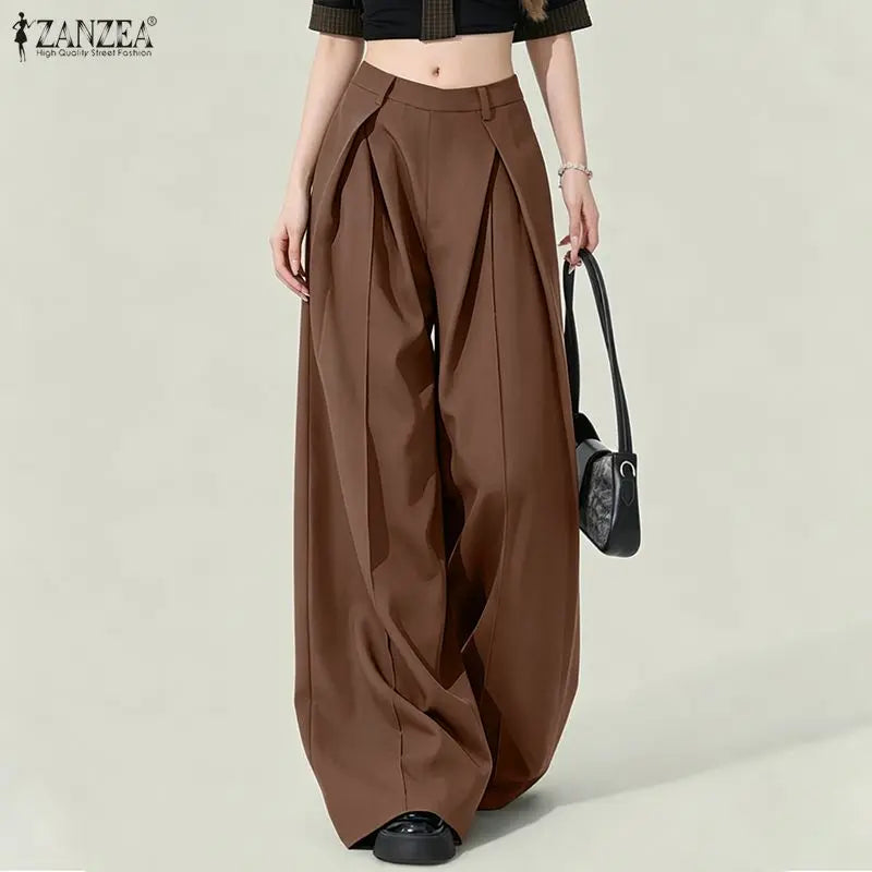 2026 ZANZEA Summer Causal Elastic Waist Baggy Trousers Fashion Women Loose Wide Leg Pants Elegant Solid OL Work Pantalon Street
